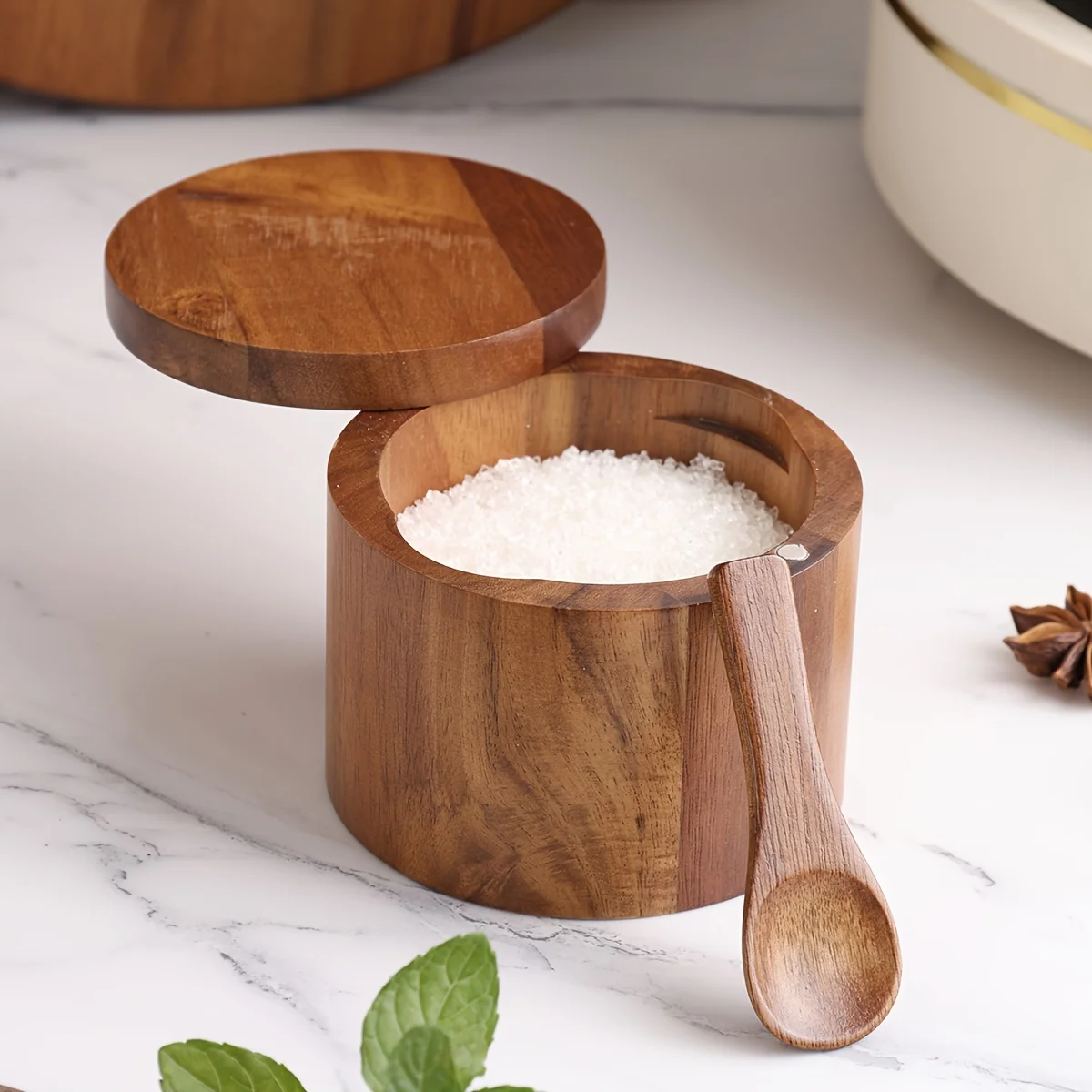 Acacia Wood Salt Jar with Spoo - Herb Keeper Bottle recension och pris