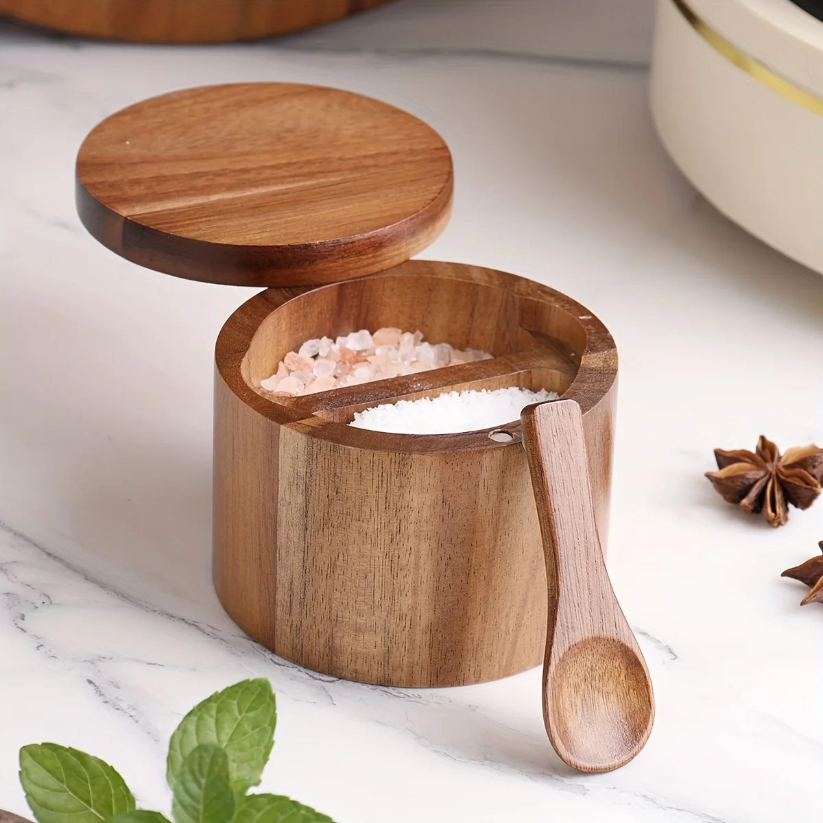 Acacia Wood Salt Jar with Spoo - Herb Keeper Bottle recension och pris